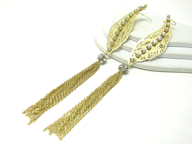 5 inch long crystal stud metal filigree leaf and tassel drop earring