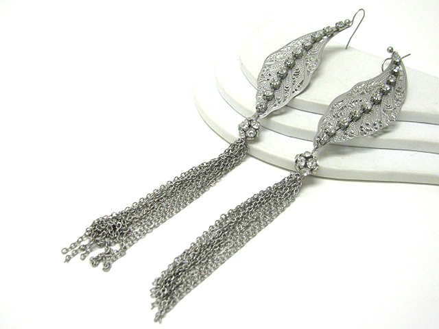 5 inch long crystal stud metal filigree leaf and tassel drop earring