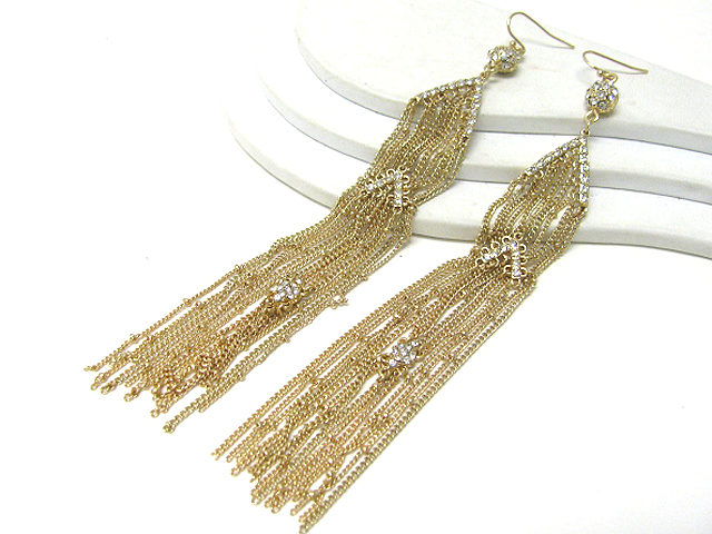 6 inch long crystal stud multi tassel drop earring