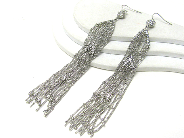 6 inch long crystal stud multi tassel drop earring