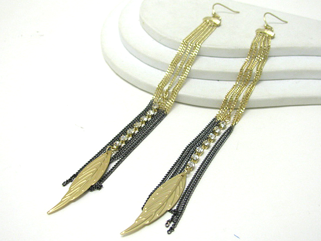 6 inch long crystal stud multi tassel and metal feather drop earring