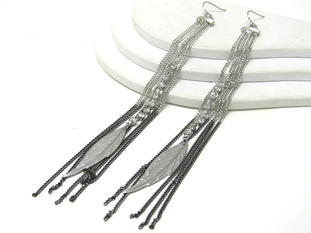 6 inch long crystal stud multi tassel and metal feather drop earring