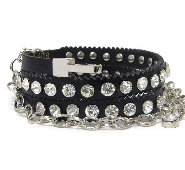 Crystal deco leather and chain mix belt