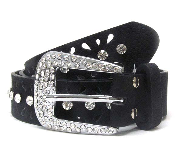 Crystal metal buckle with single line crystal leather belt