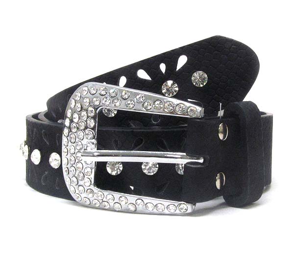 Crystal metal buckle with single line crystal leather belt