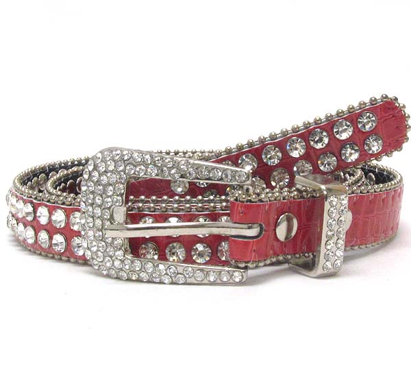 Crystal metal buckle with double line crystal with small metal balls on leather belt