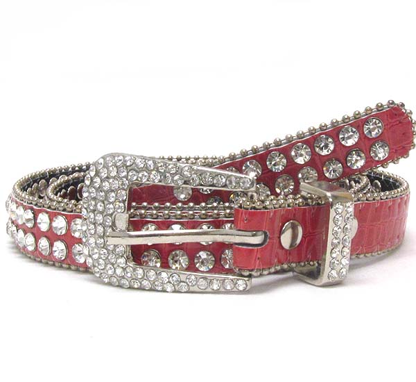 Crystal metal buckle with double line crystal with small metal balls on leather belt