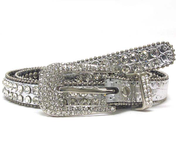 Crystal metal buckle with double line crystal with small metal balls on leather belt