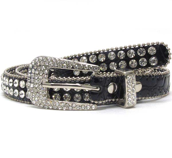 Crystal metal buckle with double line crystal with small metal balls on leather belt