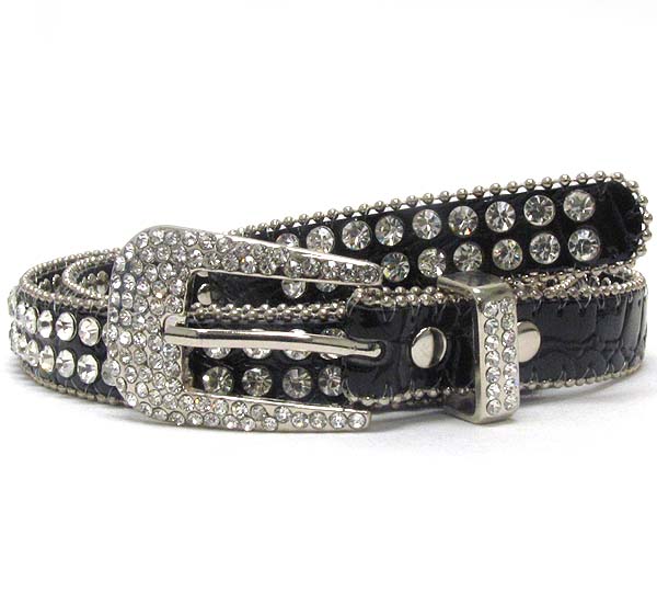 Crystal metal buckle with double line crystal with small metal balls on leather belt