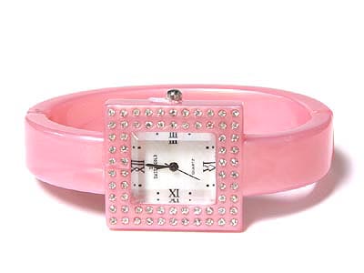 Crystal decorated square face acryl summer bangle women watch - japanese movt