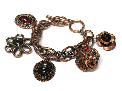 Antique style  burnish metal flower charm toggle bracelet