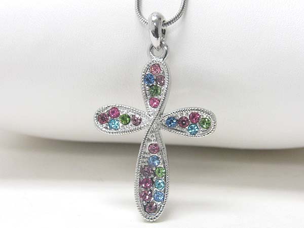 Made in korea whitegold plating crystal stud round edge cross pendant necklace