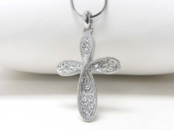 Made in korea whitegold plating crystal stud round edge cross pendant necklace