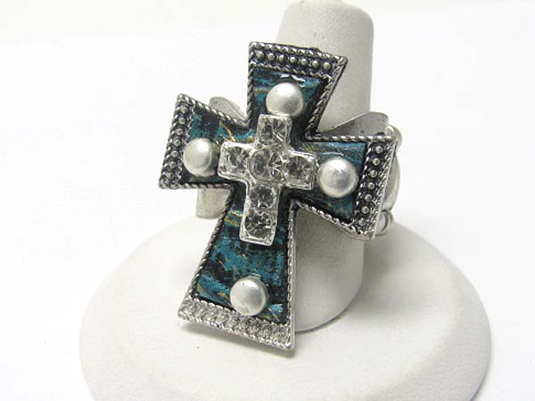 Medieval design crystal and patina metal cross stretch ring