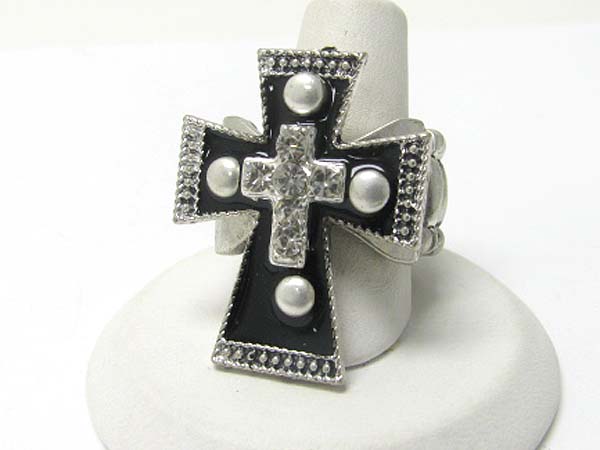 Medieval design crystal and patina metal cross stretch ring