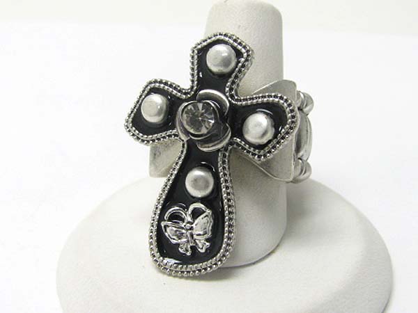 Medieval design crystal and patina metal round edge cross stretch ring