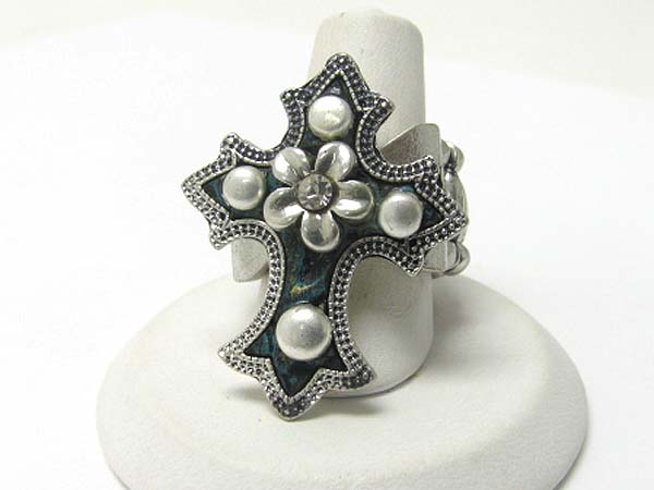 Medieval design crystal and patina metal cross stretch ring