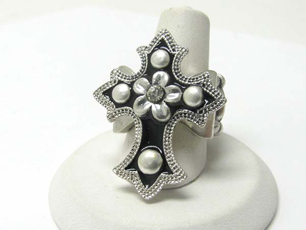 Medieval design crystal and patina metal cross stretch ring