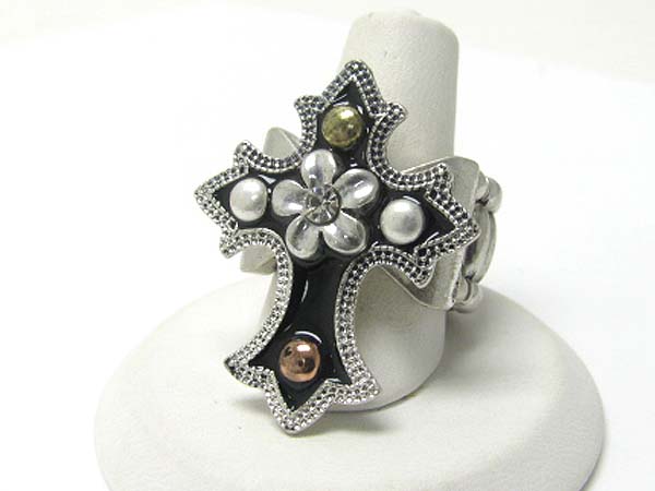 Medieval design crystal and patina metal cross stretch ring