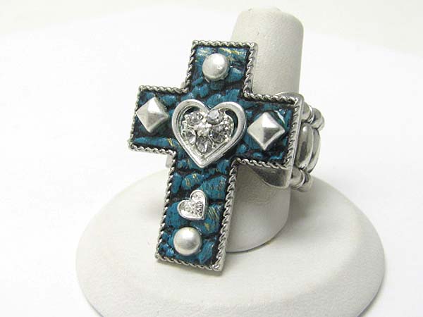 Medieval design crystal and patina metal cross stretch ring