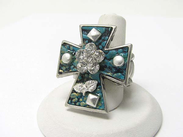 Medieval design crystal and patina metal cross stretch ring