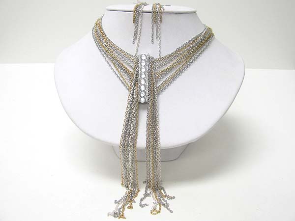 Crystal lined metal bar and multi line long chain drop neckalce earring set