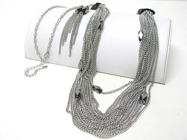 Facet stone bar and multi metal chain long necklace earring set