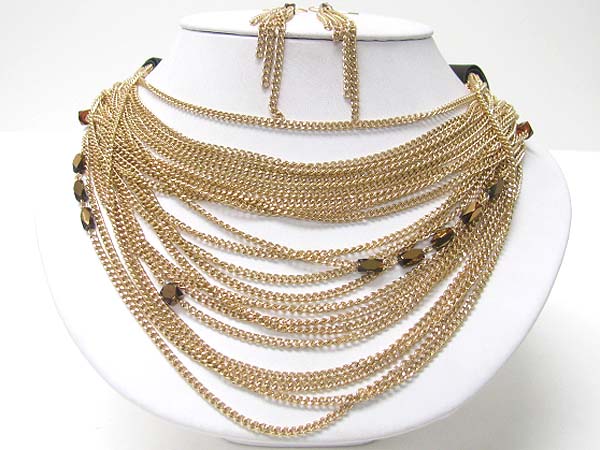 Multi strand facet stone bar and multi metal chain necklace earring set