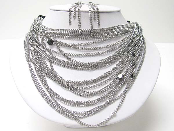 Multi strand facet stone bar and multi metal chain necklace earring set