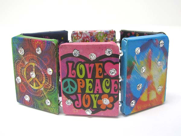 Crystal stud paper art work wood stretch bracelet - peace theme