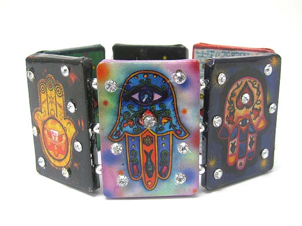 Crystal stud paper art work wood stretch bracelet - hamsa theme