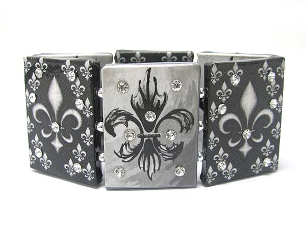 Crystal stud paper art work wood stretch bracelet - fleur de lis theme