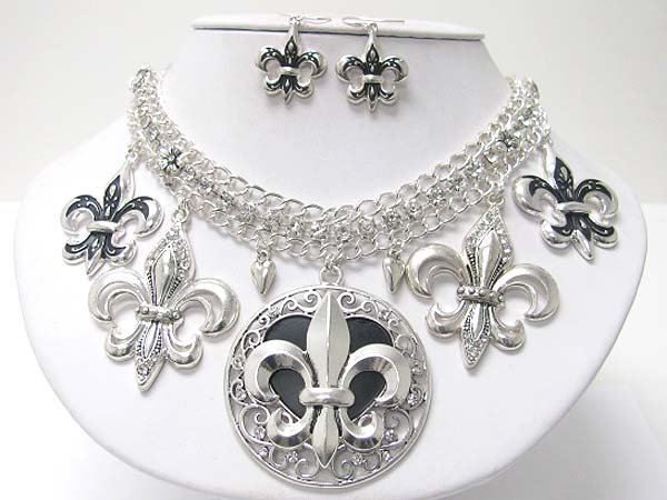 Multi metal fleur de lis dangle neckalce earring set