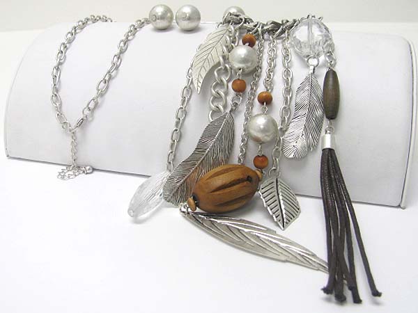 Metal leaves and wooden ball dangle long necklace earring set