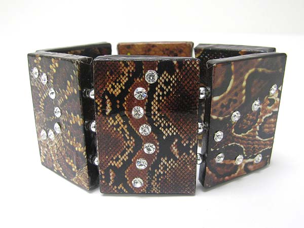 Crystal stud paper art work wood stretch bracelet - snake skin pattern