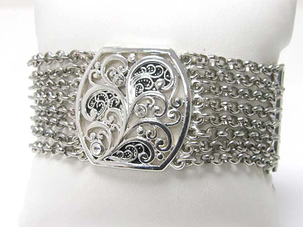 Crystal stud metal textured oval top multi chain magnetic clasp bracelet