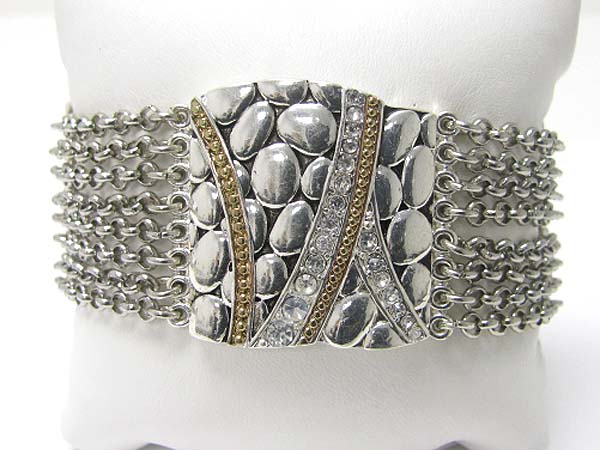 Crystal stud metal textured oval top multi chain magnetic clasp bracelet