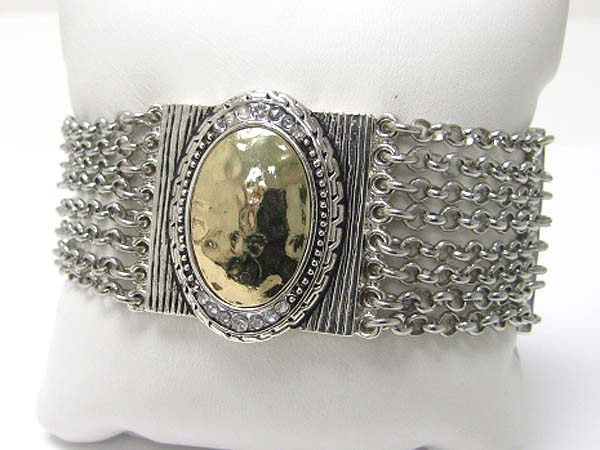 Crystal stud metal textured oval top multi chain magnetic clasp bracelet