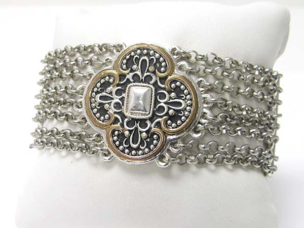 Crystal stud metal textured oval top multi chain magnetic clasp bracelet