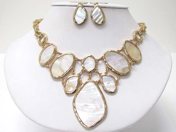 Multi natural mother of pearl disk link necklace earring set