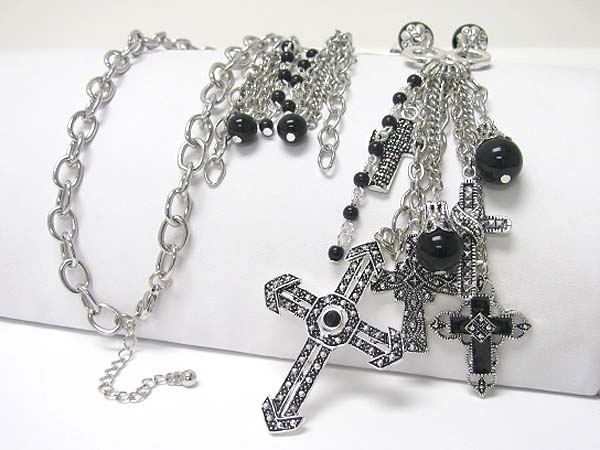 Multi marcasite look cross charm dangle long neckalce earring set