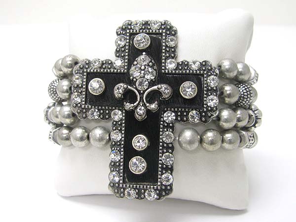 Crystal stud large cross top multi metal band stretch bracelet