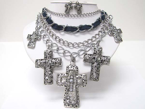 Multi metal filigree cross charm dangle multi chain neckalce earring set