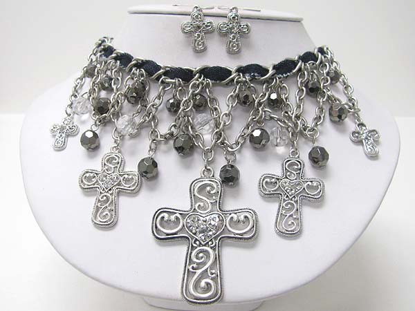 Facet glass stone and crystal stud  multi metal filigree cross charm dangle neckalce earring set