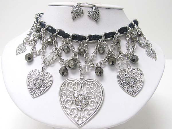 Facet glass stone and crystal stud multi metal filigree heart charm dangle neckalce earring set