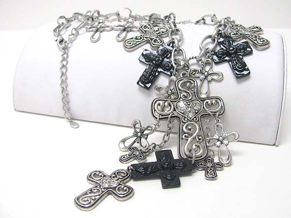 Crystal stud  multi metal filigree cross charm dangle long neckalce earring set