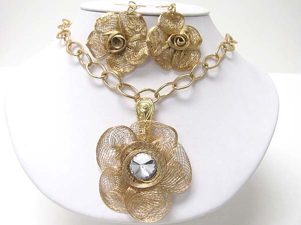 Metal wire art flower chain link necklace earring set