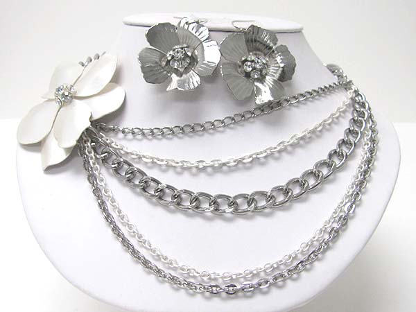 Large metal flower side multi strand metal chain neckalce earring set