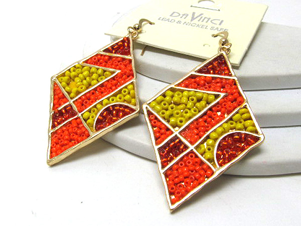 Metal triangle fashion designer style multi seed beads inside drop earring 